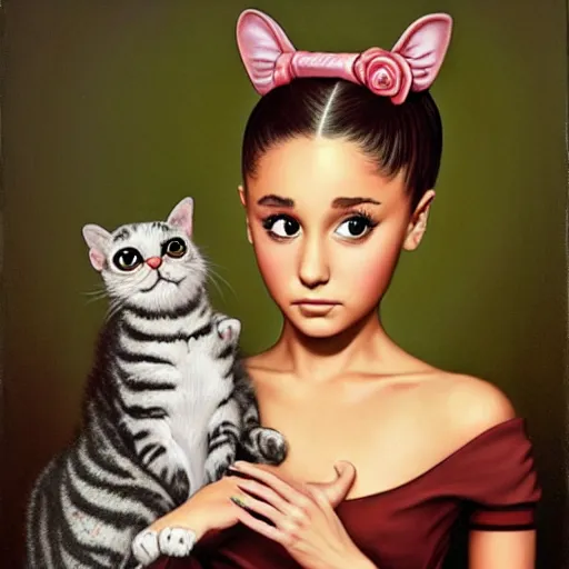 Image similar to ariana grande holding an extremely annoyed, hissing cat, lowbrow painting by mark ryden