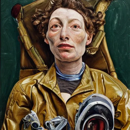 Image similar to high quality high detail painting by lucian freud, hd, woman with scifi suit