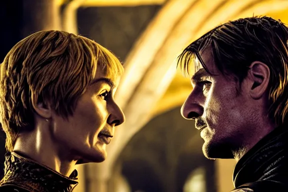 Image similar to very very intricate photorealistic photo of jaime lannister fighting cersei, photo is in focus with detailed atmospheric lighting, award - winning details