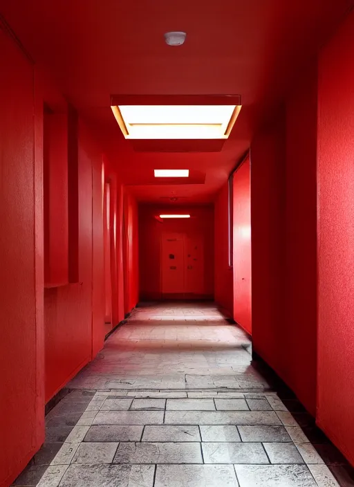 Prompt: a photograph of a hallway designed by Billy Baldwin, red color palette, 35mm, pentax, studio lighting