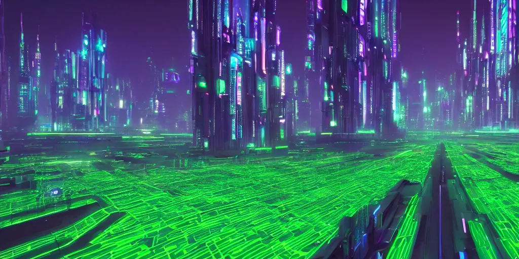 Image similar to a landscape view of a cybernetic cathedral overlooking an higway made of rows of glowing green codes and symbols, cyberpunk, beautiful detailed, cinematic, strong lighting, hi - fructose art magazine, photorealistic, 8 k, gradient cyan to purple