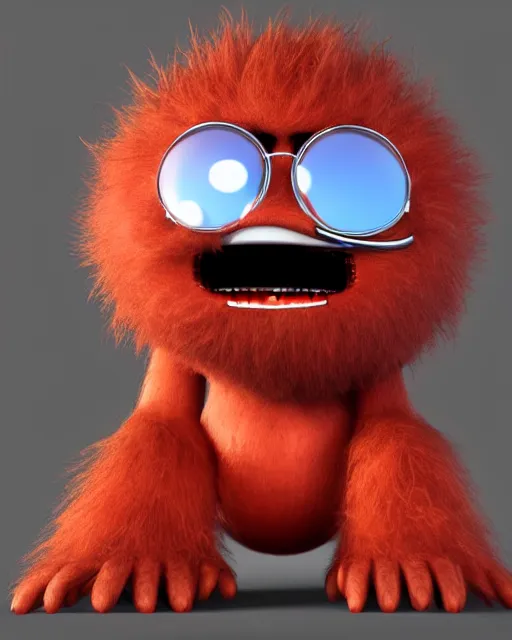 Image similar to 3 d render of completely red hairy friendly antropomorphic cartoony creature wearing chrome shades, without nose, full body, simple, cute, white background, unreal engine 5, octane render, highly detailed hdr