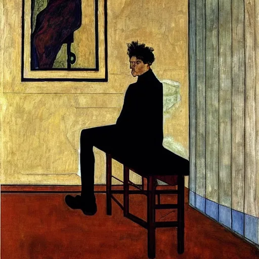 Prompt: painting of a man sitting at a grand piano, but not playing. he's looking into the void. by schiele