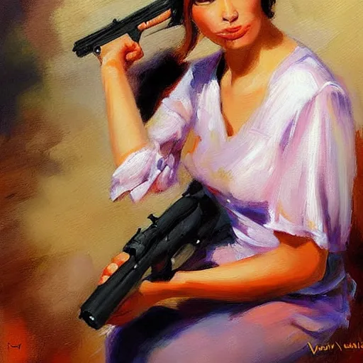 Image similar to woman with a gun painting by Vladimir Volegov