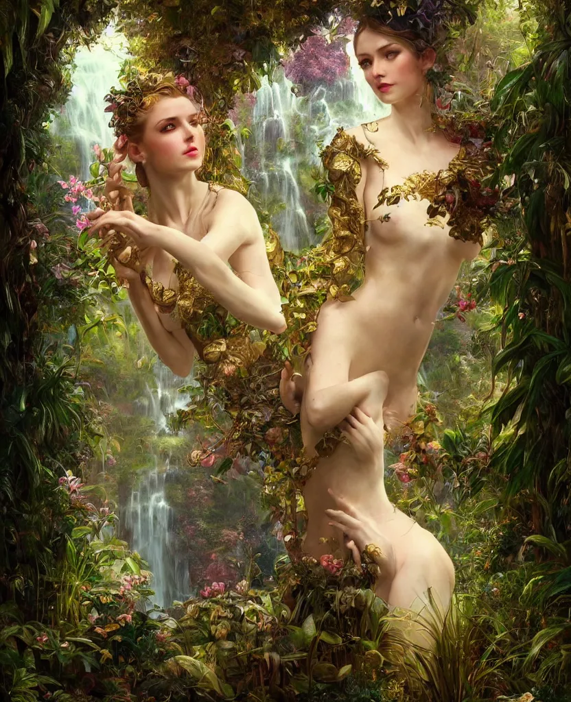 Image similar to hyper realistic photographer looking through a vintage medium format camera, magic pouring from lens, fantasy castle, full body waterfall dress, design on white background, beautiful details, lush foliage cyberpunk, gold, drawn by john singer sargent, tom bagshaw, norman rockwell, alphonso mucha, lolish, trending on artstation