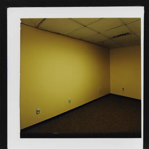 Prompt: A polaroid photograph of an empty endless office space, yellow wallpaper on the walls, moist dirty carpet, fluorescent warm lights lighting the scene, no furniture