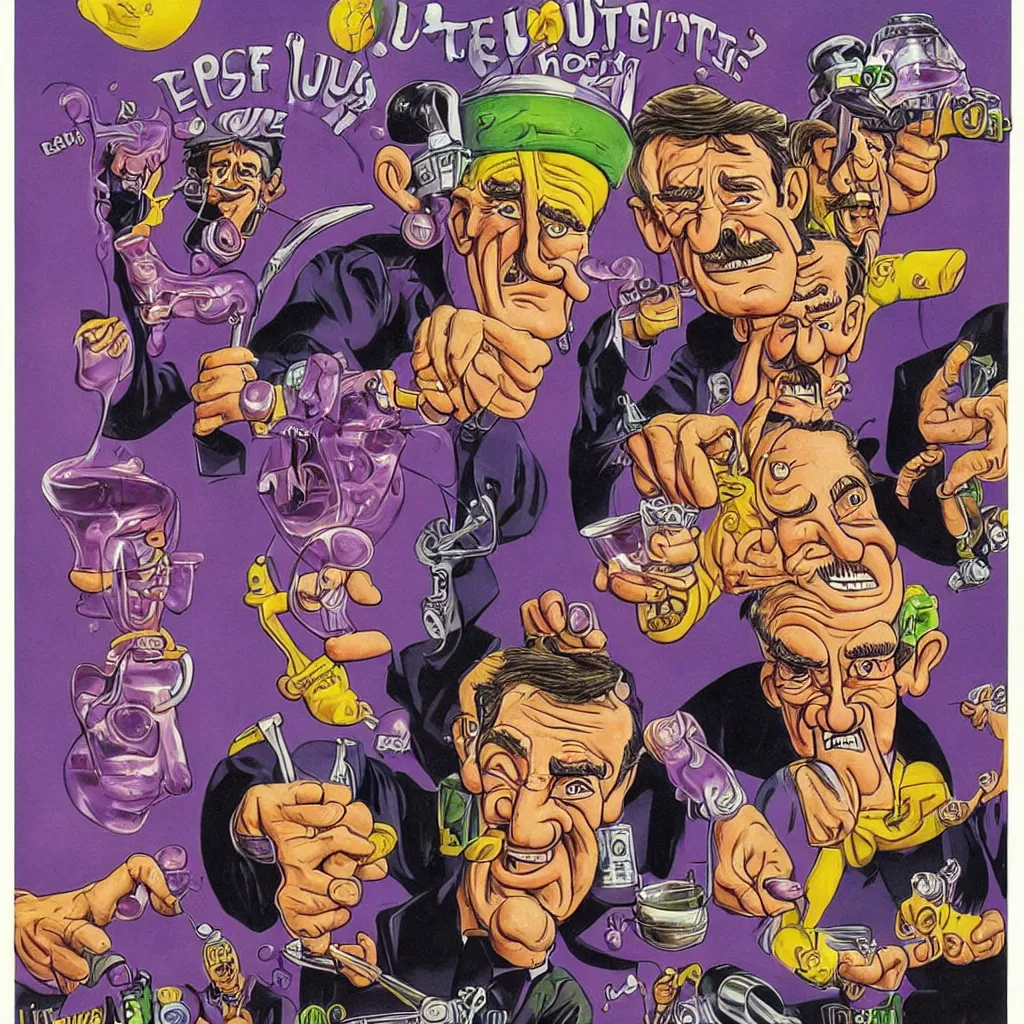 Image similar to promotional art for the movie'unless you hate bullruns ', barry chuckle preparing a batch of purple oil drink, hyperreal detailed facial features and uv lighting, art by ed roth and basil wolverton