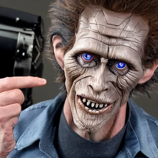 Image similar to animatronic Willem Dafoe by Stan Winston studios, behind the scenes photo, detailed, 4k