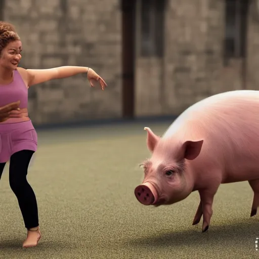 Image similar to Estefania dancing with a pig realistic, 8k, dream,