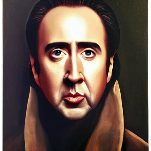 Image similar to highly detailed oil painting of nicolas cage in a banana, 4 k, in the style of caravaggio and dali