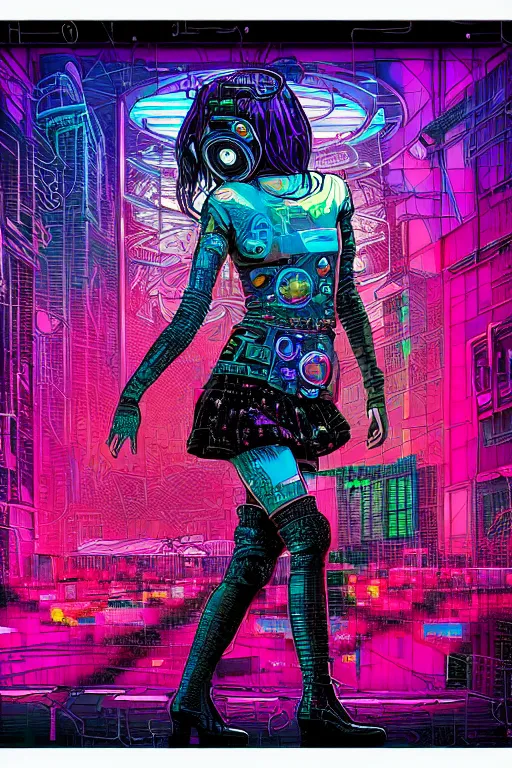 Prompt: dreamy cyberpunk girl with punky boots, abstract background, digital nodes, beautiful woman, detailed acrylic, grunge, intricate complexity, by dan mumford and by damien hirst