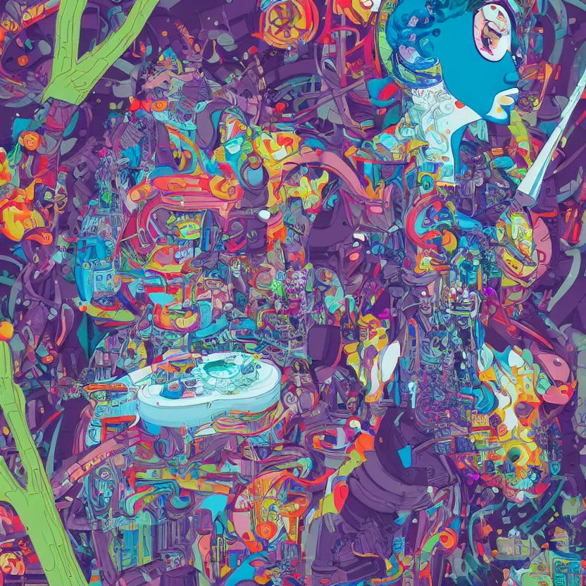 Image similar to chemistry in action by tristan eaton, beeple and james jean, chiho aoshima color scheme