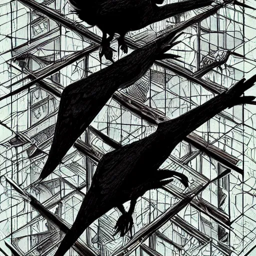 Image similar to crows at a architectural complex with an occult witch by Android Jones and M. C. Escher collaboration, futurist, digital art, dramatic lighting, symbolic