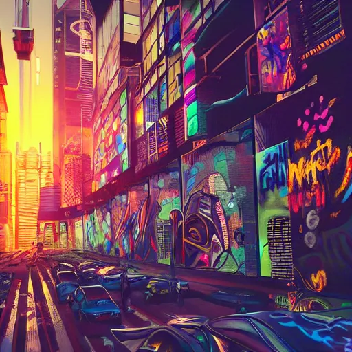 Prompt: beautiful graffiti on a wall, cyberpunk city, happy mood, futuristic, high detail, sunset, photorealistic