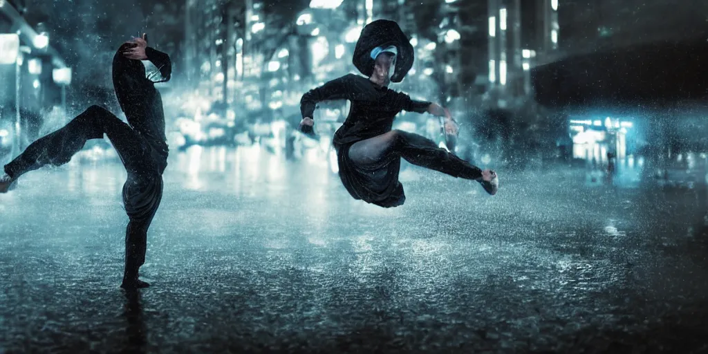 Image similar to fisheye lens slow motion with trail effect of futuristic beautiful break dancer wearing floating long dress emitting light, long exposure shot , at night in the middle of a rainy street, paddle of water, steam, fog, water splashes, rim lights, glossy reflections, water droplets on lens, octane render, dark and dramatic, cold and warm tones, explosion in the background, detailed and soft, fisheye lens, smooth, sharp focus, illustration, art by artgerm and greg rutkowski
