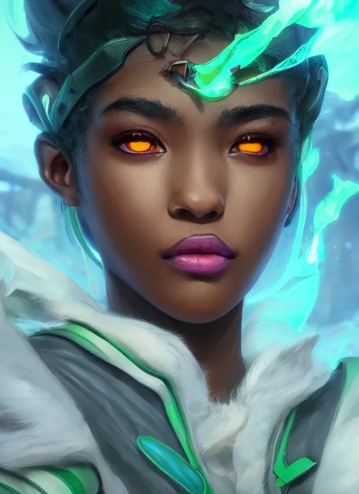 Image similar to senna from league of legends, au naturel, hyper detailed, brown skin, glowing green neon eyes, wearing white jacket, digital art, trending in artstation, cinematic lighting, studio quality, smooth render, unreal engine 5 rendered, octane rendered, art style by klimt and nixeu and ian sprigger and wlop and krenz cushart