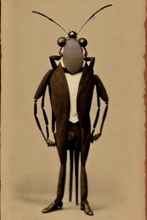 Image similar to anthropomorphic insect, wearing a suit, vintage photograph, sepia