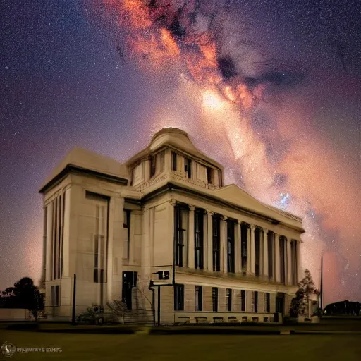 Prompt: courthouse on fire at night with the milky way in the sky, award winning photo, 8k hyperrealistic