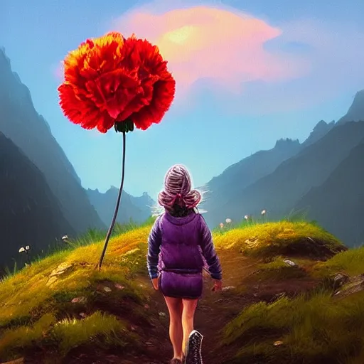 Prompt: giant carnation flower head, girl hiking in the mountains, surreal photography, sunrise, dramatic light, impressionist painting, colorful clouds, digital painting, artstation, simon stalenhag