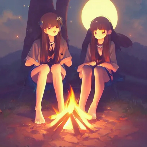 Image similar to very beautiful cute girls sitting around campfire at night, fantastic details, anime art, trending on artstation, pixiv, makoto shinkai, manga cover