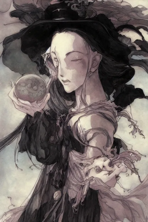Prompt: Portrait of witch of the moon by Amano Yoshitaka, Kentaro Miura, Claire Wendling ,Krenz Cushart