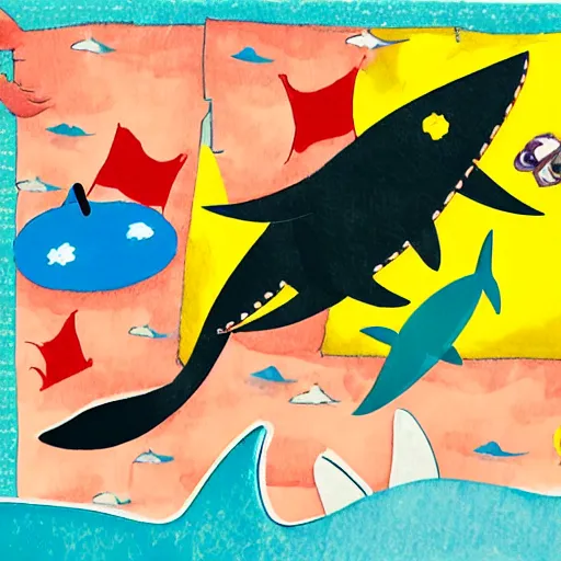 Prompt: a children's book illustration of a luchador wrestling a shark