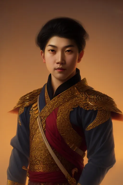 Image similar to a portrait of a asian male prince, illustration, soft lighting, soft details, dark mood, painting oil on canvas by Edmund Blair Leighton and Charlie Bowater octane render trending on artstation d&d characters, 4k, 8k, HD