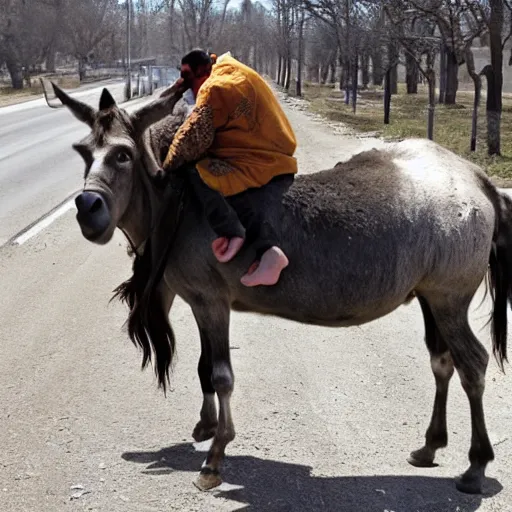 Image similar to dashcam footage of a gopnic slavsquatting on a donkey, eastern european, 4 k, 1 6 k, 8 k, hd, high resolution