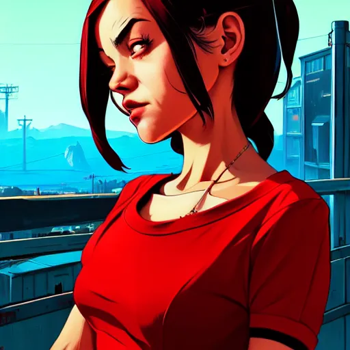 Image similar to portrait of cute girl in a red dress, gta v cover art, borderlands style, celshading, sharp focus, intricate, detailed, by rhads, andreas rocha, rossdraws, makoto shinkai, laurie greasley, lois van baarle, ilya kuvshinov and greg rutkowski, dynamic lighting, sharp focus, grunge aesthetic, 4 k