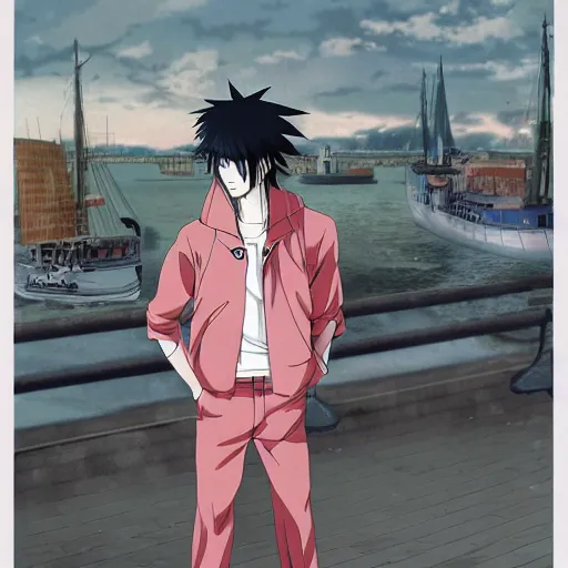 Image similar to a depressed anime boy in Copenhagen, anime visuals, Copenhagen, Hirohiko Araki artwork