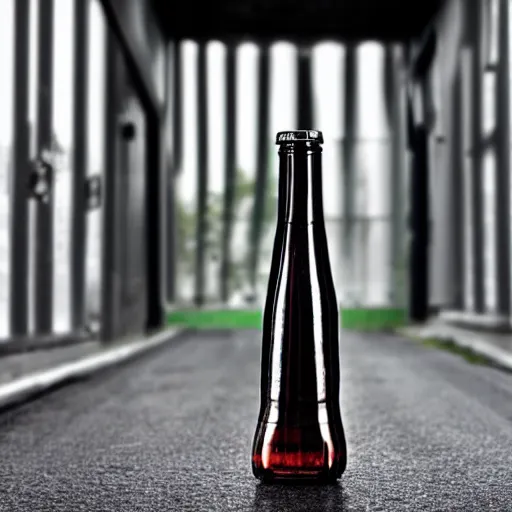 Prompt: symmetrical photo of bottle standing on asphalte