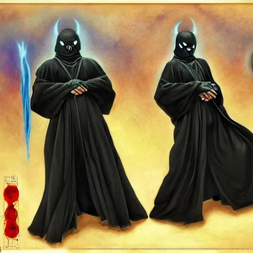 Image similar to The Old Overseers of Planet Earth, masked men in black robes, gerald brom style