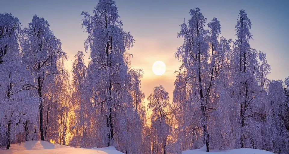 Prompt: winter in Scandinavia with snow hanging heavily from the trees, winter sunset