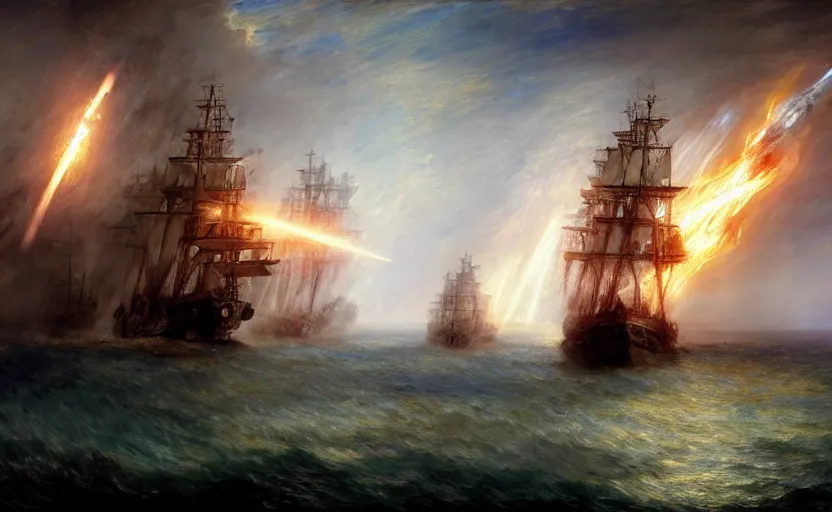 Image similar to epic naval battle, pirate galleons and tie fighters. by artstation trending, by joseph mallord william turner, luis royo, konstantin razumov, cinematic lighting, fractal flame, highly detailed