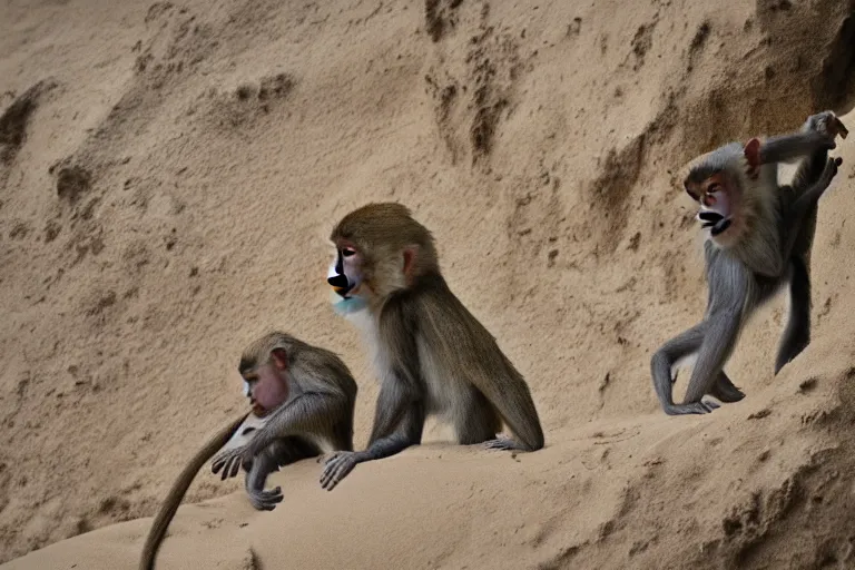 Image similar to full view of monkeys touching a castle made of sand