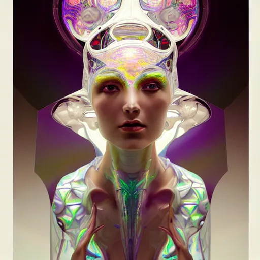 Image similar to psychedelic organic cyborg, white holographic plastic, dramatic lighting, fantasy, intricate, elegant, highly detailed, lifelike, photorealistic, digital painting, artstation, illustration, smooth, sharp focus, art by john collier and albert aublet and krenz cushart and artem demura and alphonse mucha