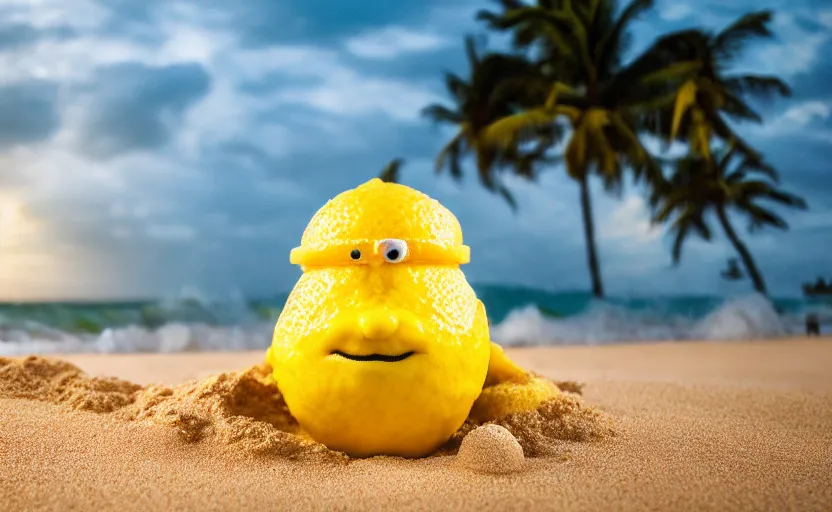 Image similar to 5 0 mm photograph, of a real anthropomorphic lemon character, with lemon skin texture, it is wearing a hat and scuba diving, building a sandcastle on the beach at sunset, beach, huge waves, sun, clouds, tropical trees, rim light, cinematic photography, professional, sand, sandcastle, volumetric lightening