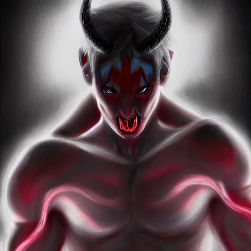 Image similar to fit male demon with white horns, young, careless, costume design, still, photograph, digital painting, trending on artstation, masterpiece, in the style of JB Casacop