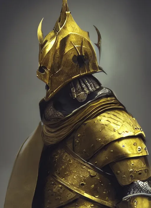 Image similar to 3d render of a character concept of a skull headed knight with a skull hemet, wearing golden armor, hyper realistic, unreal, craig mullins, alex boyd, lord of the rings, game of thrones, dark souls, artstation, warhammer
