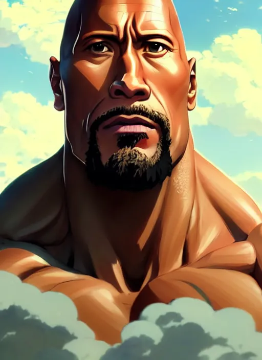 Prompt: portrait of dwayne rock johnson, cloudy sky background lush landscape illustration concept art anime key visual trending pixiv fanbox by wlop and greg rutkowski and makoto shinkai and studio ghibli