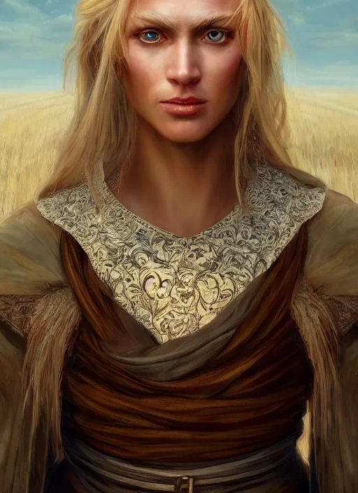 Image similar to blonde peasant woman, fantasy, medieval, vivid colors, fantasy, elegant, concept art, sharp focus, beautiful face!!, digital art, hyper - realistic, 4 k, unreal engine, highly detailed, hd, dramatic lighting by brom, trending on artstation