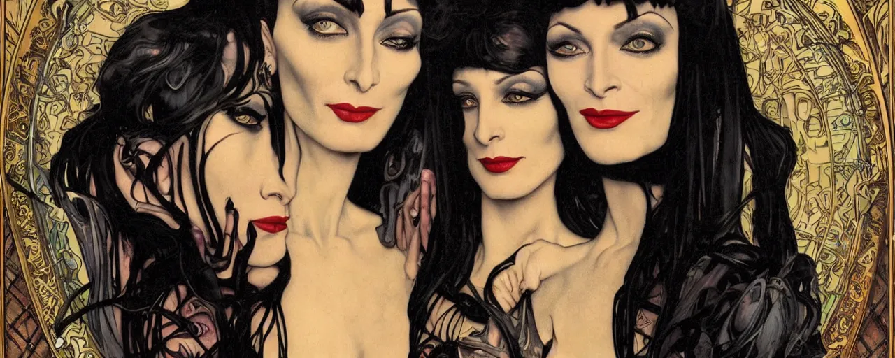 Image similar to stunning exotic art nouveau portrait of anjelica huston and morticia addams as industrial dieselpunk queens of the night by glenn fabry, simon bisley and alphonse mucha, photorealism, extremely hyperdetailed, perfect symmetrical facial features, perfect anatomy, ornate declotage, spikes, latex, confident expression, wry smile, sinister eyes