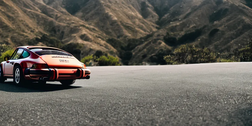 Image similar to photograph, debadged, 1989 PORSCHE 911, RSR, by Pete Biro, Michael Simari, press release, cinematic, malibu canyon, 8k, depth of field, bokeh. debadged ,