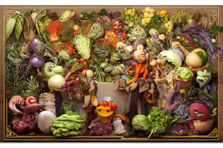 Image similar to vegetable creatures parade on a cutting board in the kitchen, digital art, realistic, pixar style, highly detailed, cinematic, matte painting, vivid colors, realistic, epic lighting, by greg rutkowski and artgerm and alphonse mucha