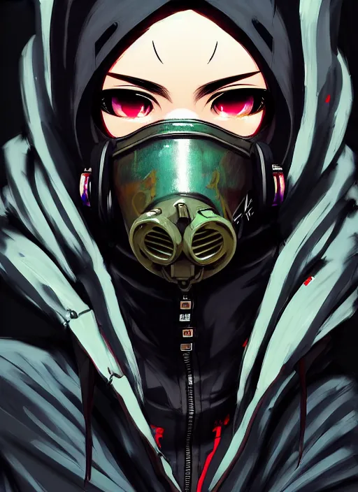 Image similar to cyberpunk anime girl in hoodie, cyberpunk gas mask, 3 / 4 shot, street night, grafity, beautiful face, grafity, arcane, action, tokyo street, detail, good face, pose model, concept art, in style of yoji shinkawa, pan ren wei, col price, atey ghailan, by greg rutkowski, aesthetic