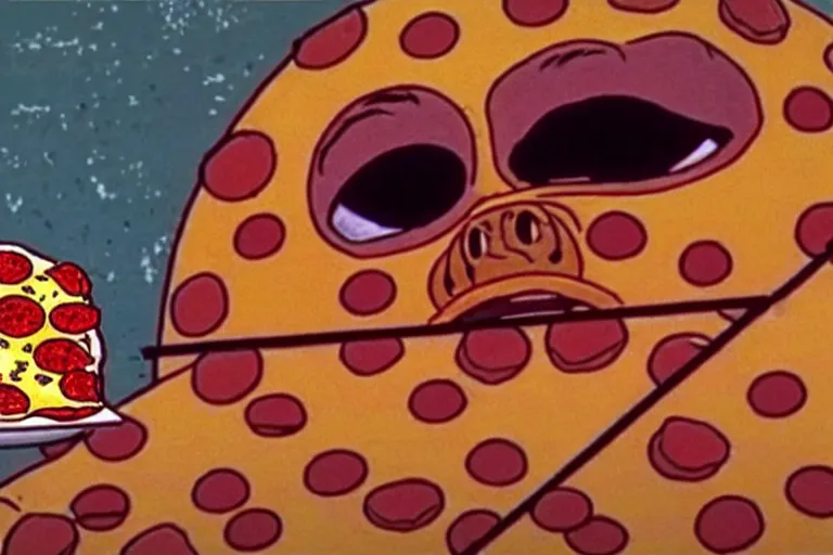 Image similar to a film still of pizza the hut in the akira, high quality