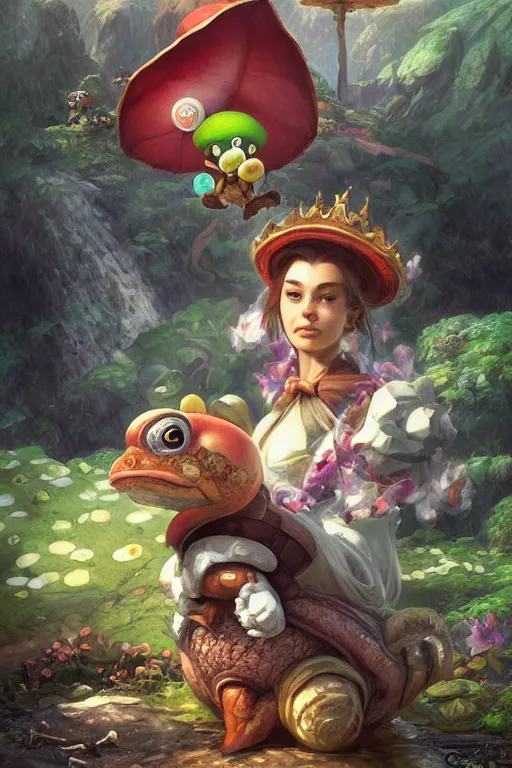 Image similar to portrait of Toad and Yoshi in the mushroom kingdom, D&D, fantasy, highly detailed, digital painting, artstation, concept art, smooth, sharp focus, illustration, art by artgerm and greg rutkowski and alphonse mucha