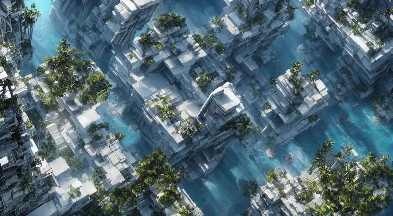 Image similar to a matte painting of high - tech floating city earthquake, concept art, gravels around, coconut palms, weightlessness, reverse, by yang qi, romain jouandeau, quy ho, karol bak, beeple, 4 k, unreal engine, vray render, artstation