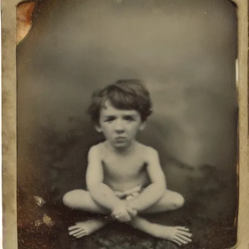 Image similar to tintype photo, swimming deep underwater, kid with huge spider