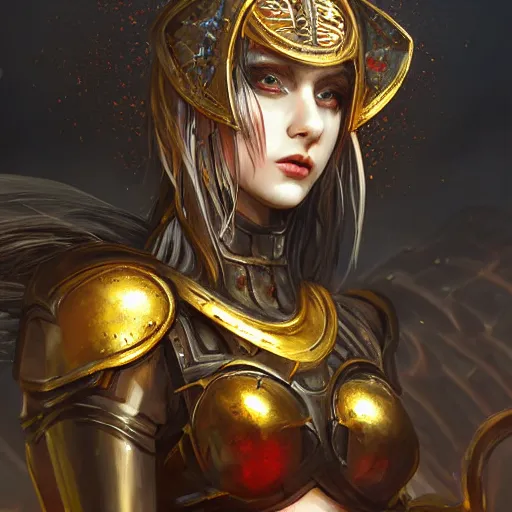 Image similar to portrait knights of Zodiac girl+smoky eyes, metalic black and red mirror reflected armor, in ruined Agora of Athens black magic night, ssci-fi, fantasy, intricate, very very beautiful, elegant, golden light, highly detailed, digital painting, artstation, concept art, smooth, sharp focus, illustration, art by tian zi and WLOP and alphonse mucha